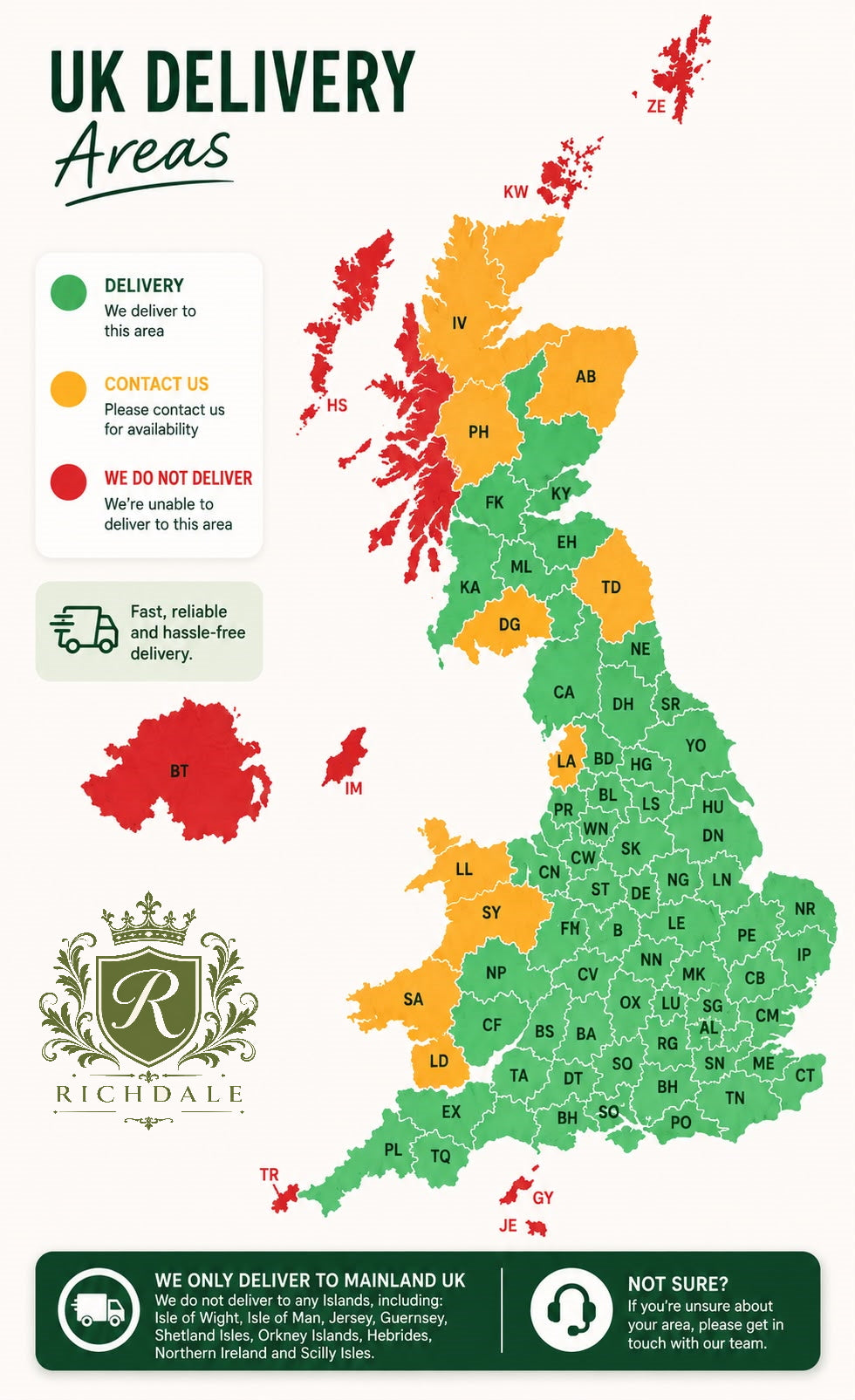 Map of the United Kingdom showing the postcode areas we deliver to, the areas we quote by hand and the areas we cannot reach
