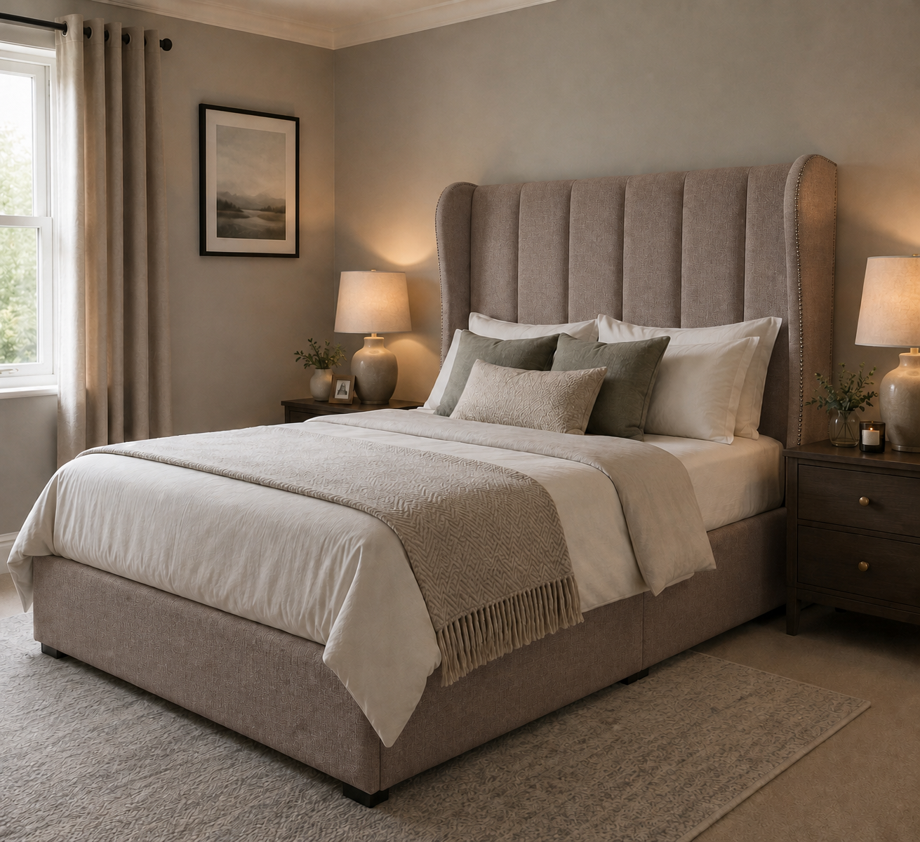 Bath divan bed upholstered in Latte wool fabric