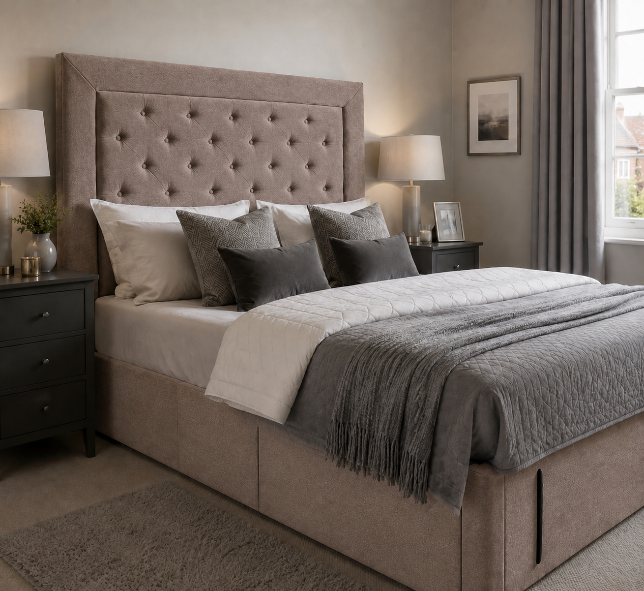 Canterbury divan bed upholstered in Latte wool fabric