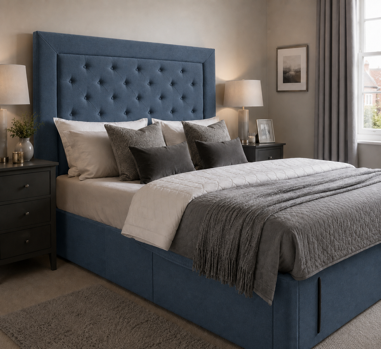 Canterbury upholstered headboard in Marine wool fabric