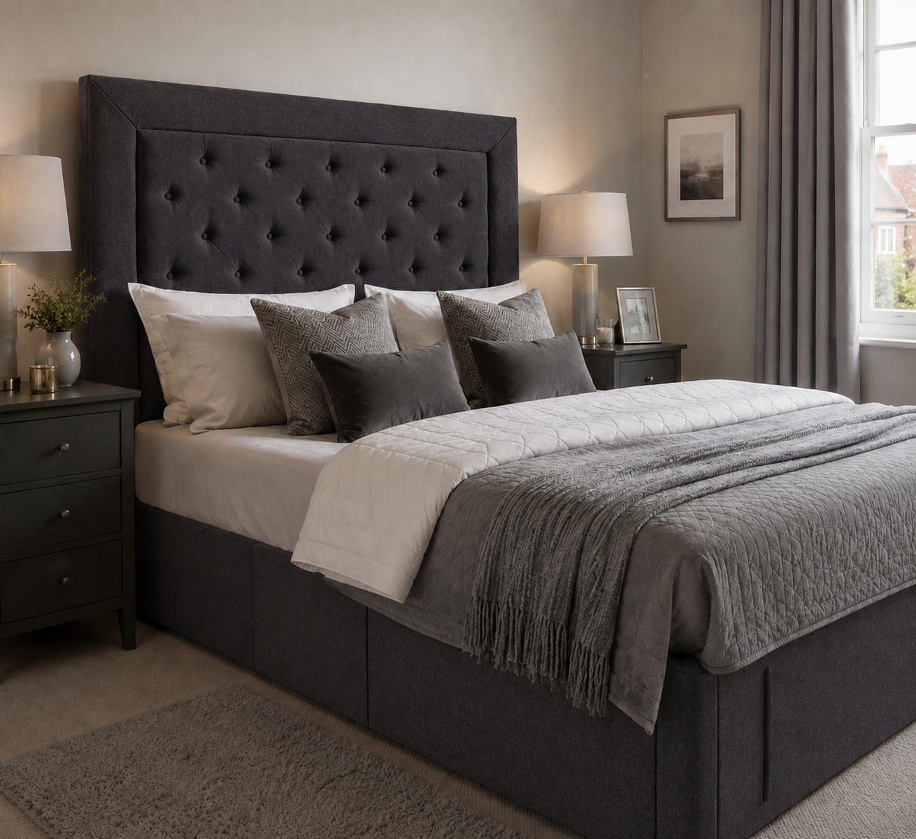 Canterbury divan bed upholstered in Shadow wool fabric