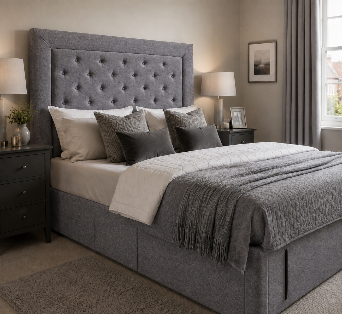Canterbury divan bed upholstered in Steel wool fabric
