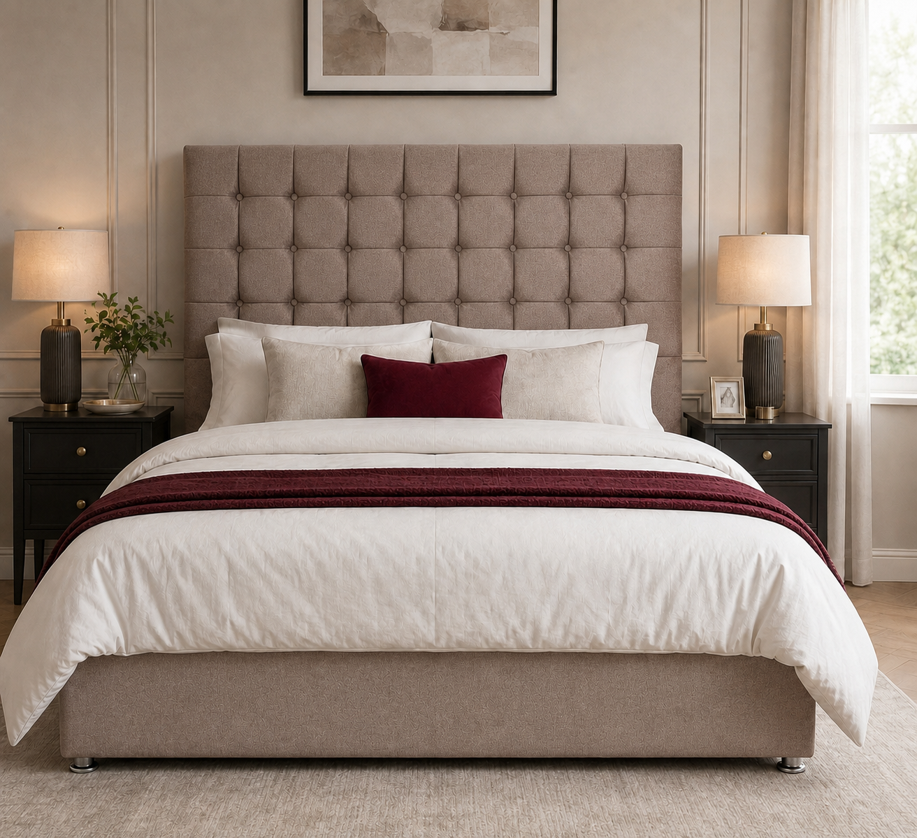 Chester divan bed upholstered in Latte wool fabric