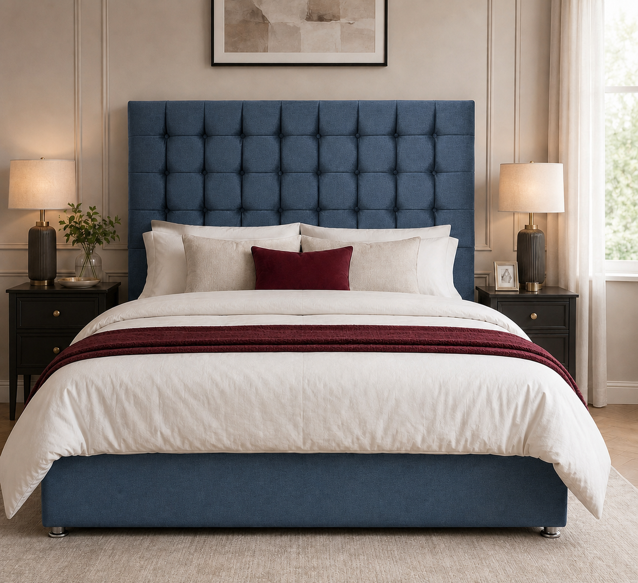 Chester divan bed upholstered in Marine wool fabric