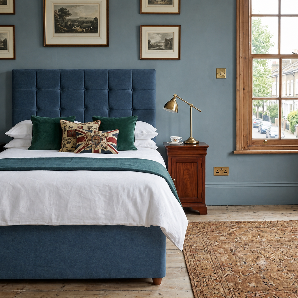 Durham divan bed upholstered in Marine wool fabric