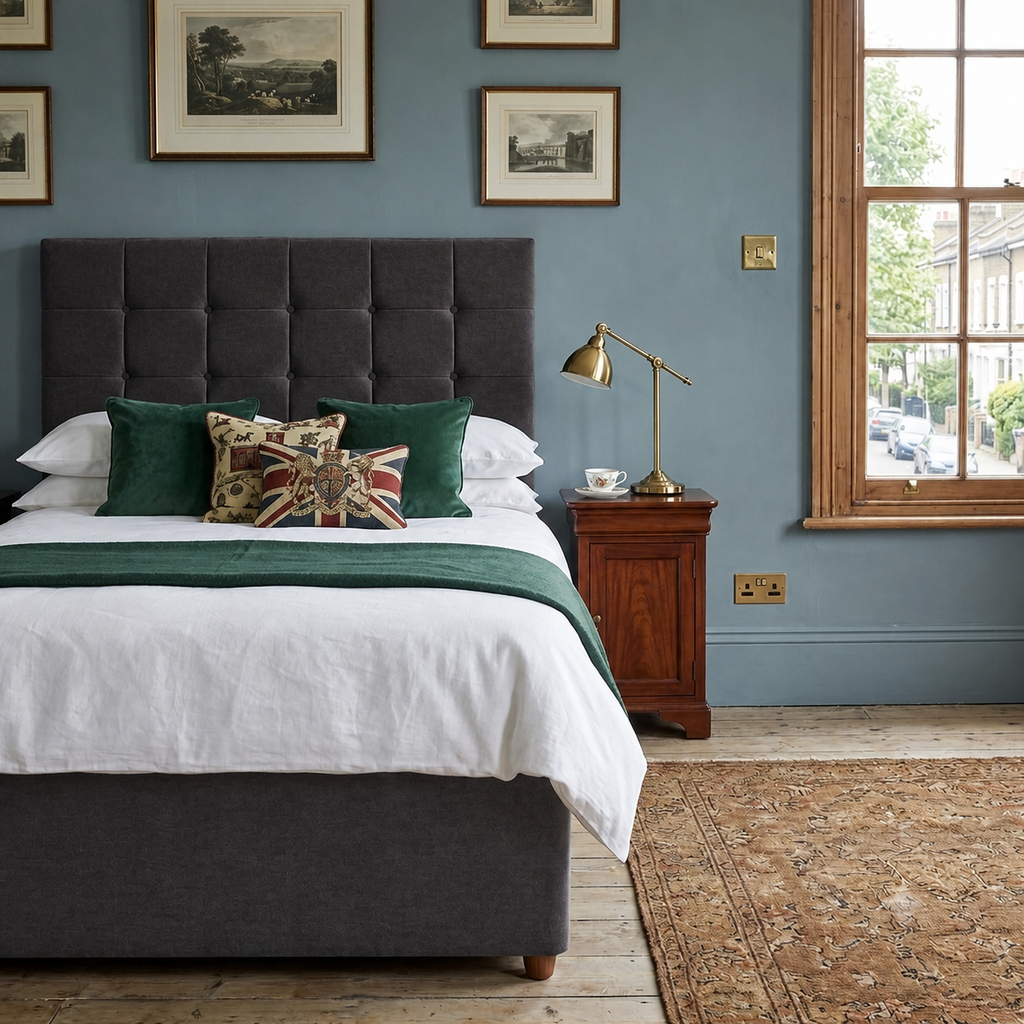 Durham divan bed upholstered in Shadow wool fabric