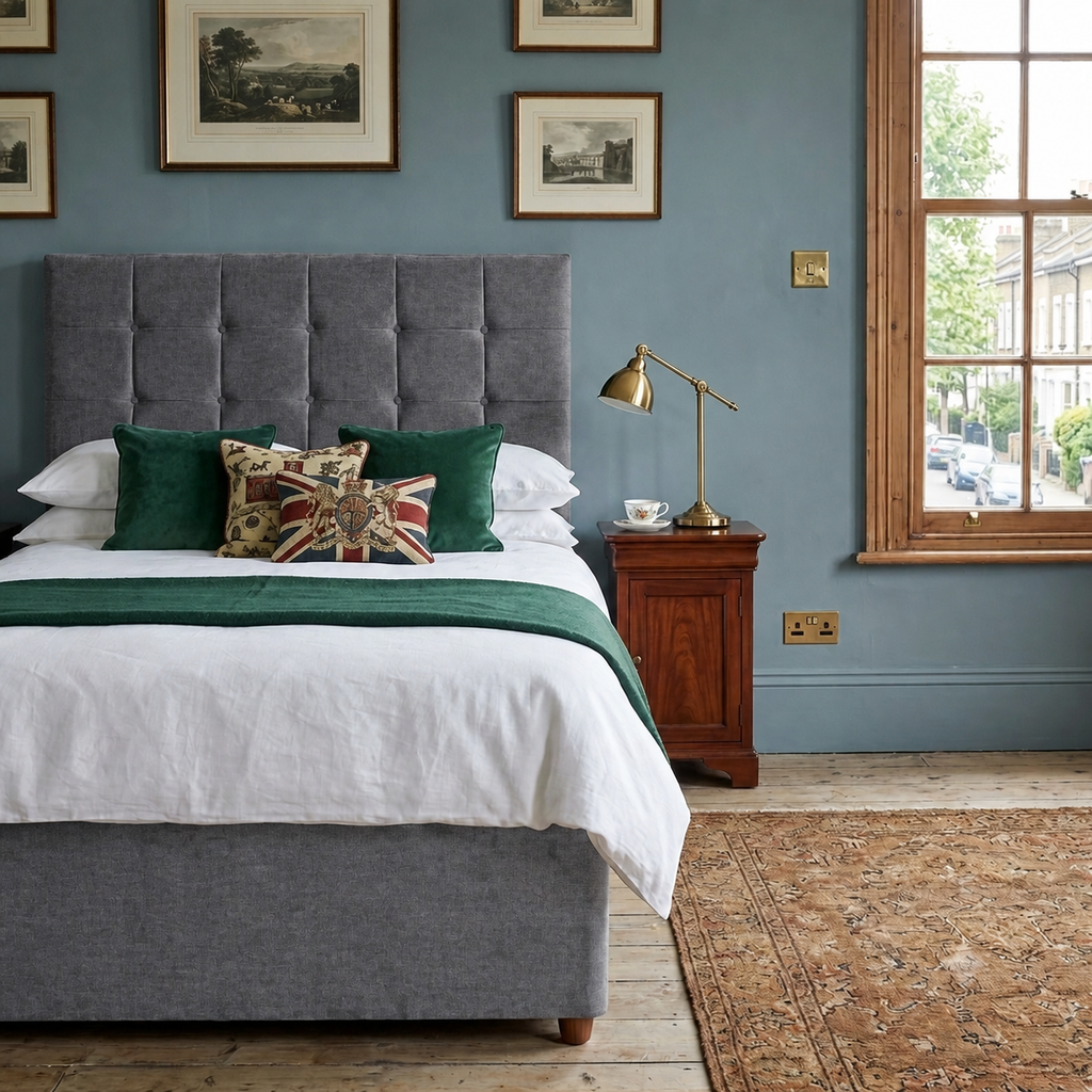 Durham divan bed upholstered in Steel wool fabric