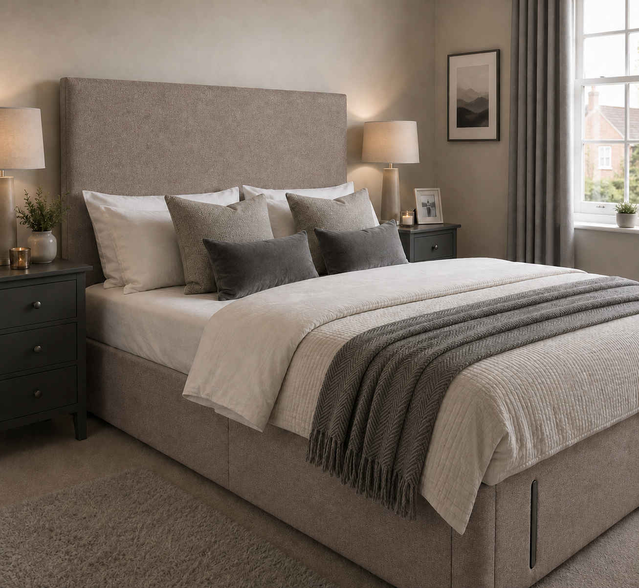 Ely divan bed upholstered in Latte wool fabric