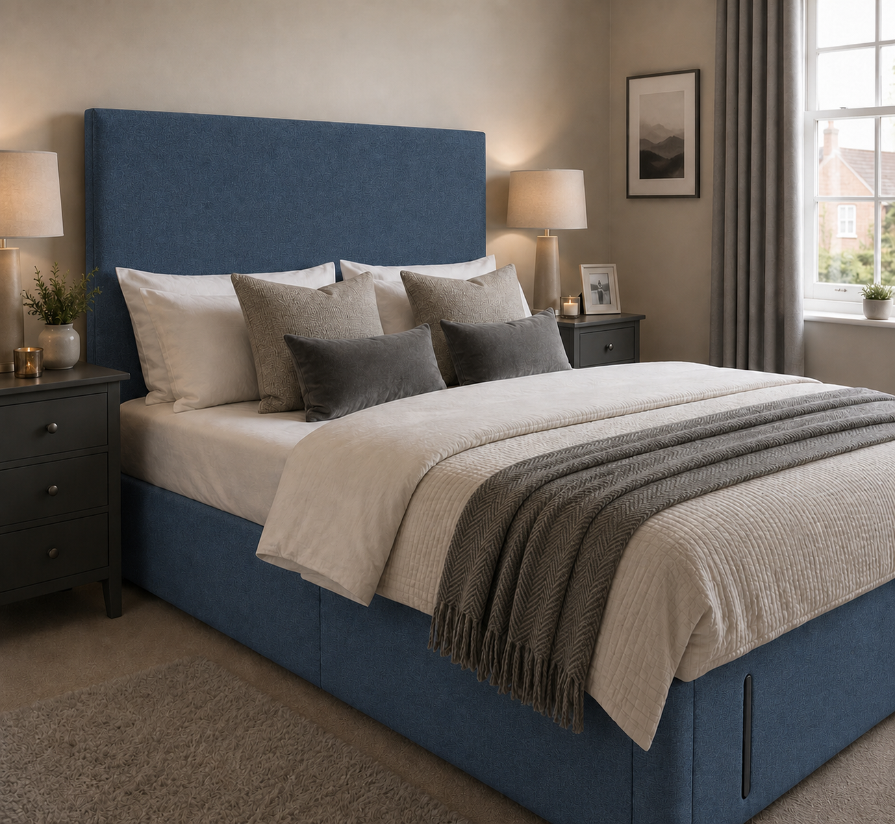 Ely divan bed upholstered in Marine wool fabric