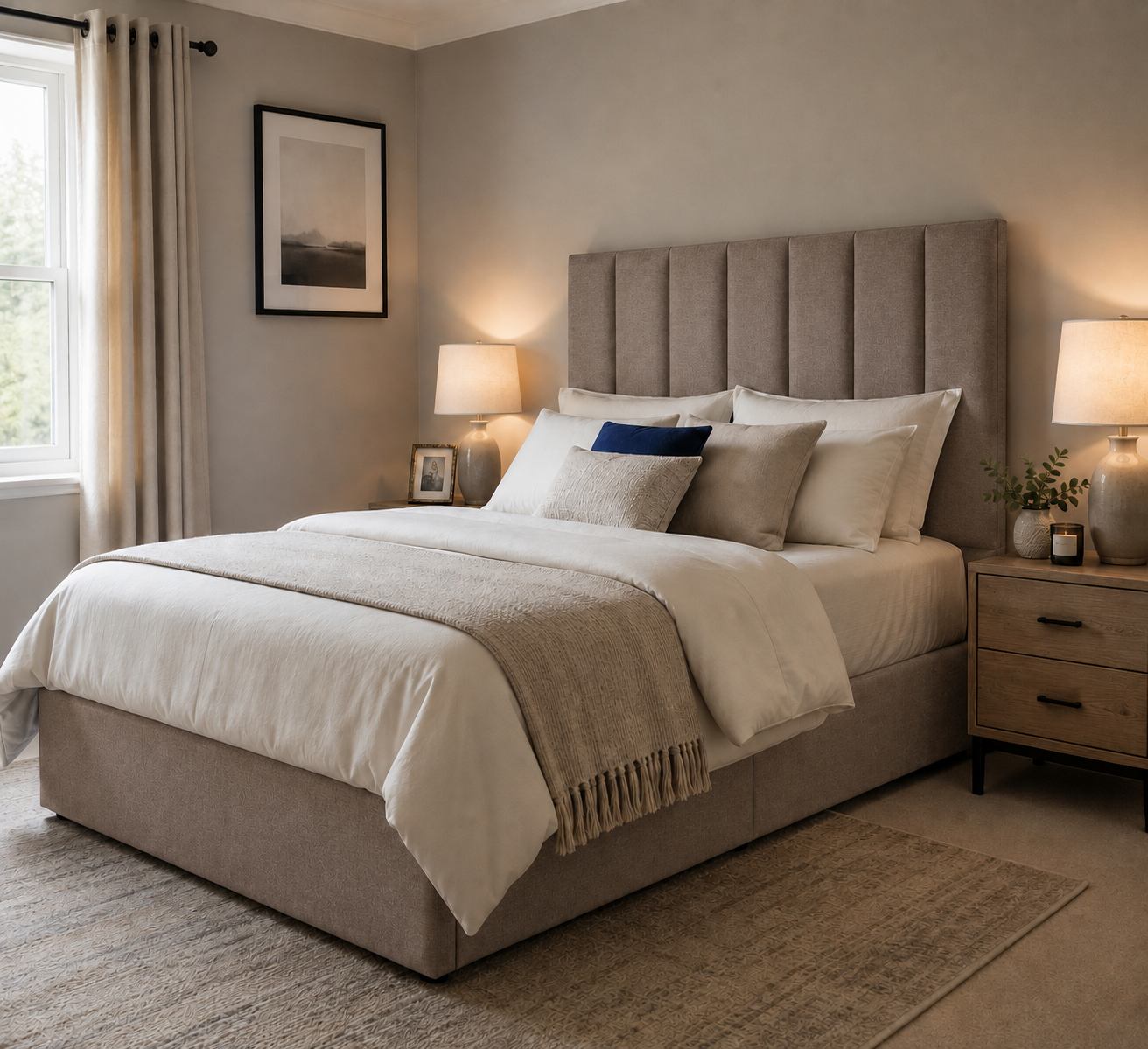 Exeter divan bed upholstered in Latte wool fabric