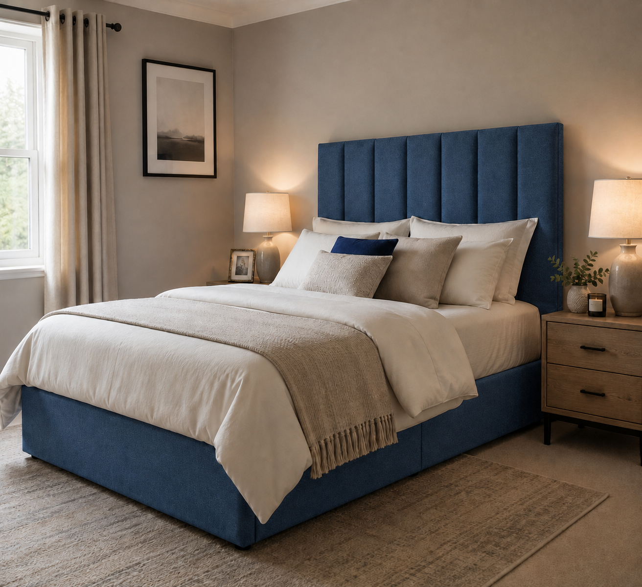 Exeter divan bed upholstered in Marine wool fabric