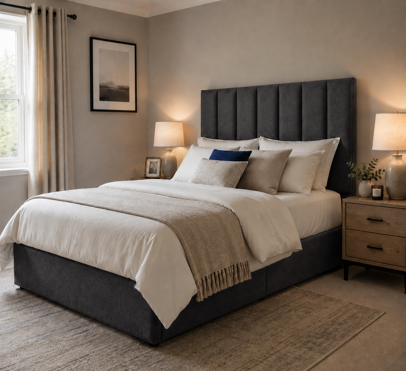 Exeter divan bed upholstered in Shadow wool fabric