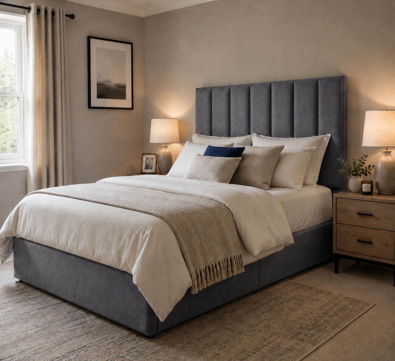 Exeter divan bed upholstered in Steel wool fabric