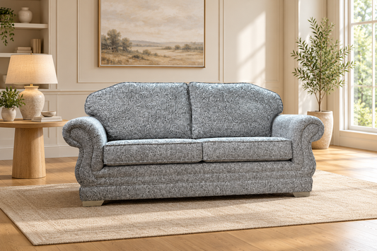Kingsley bespoke sofa in a styled living room. Fabric shown as an example.