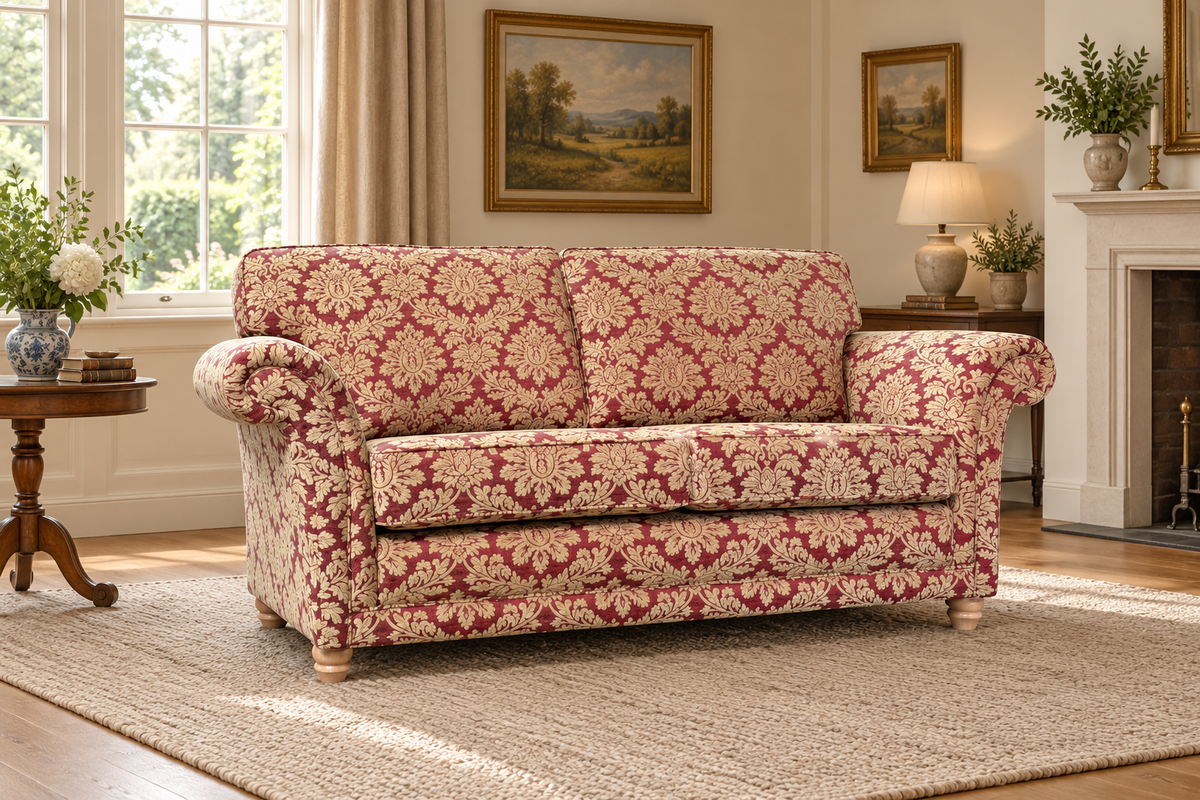 Langford bespoke sofa in a styled living room. Fabric shown as an example.