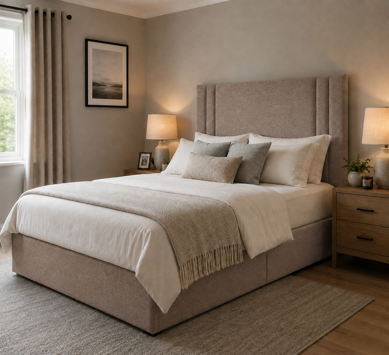 Norwich divan bed upholstered in Latte wool fabric