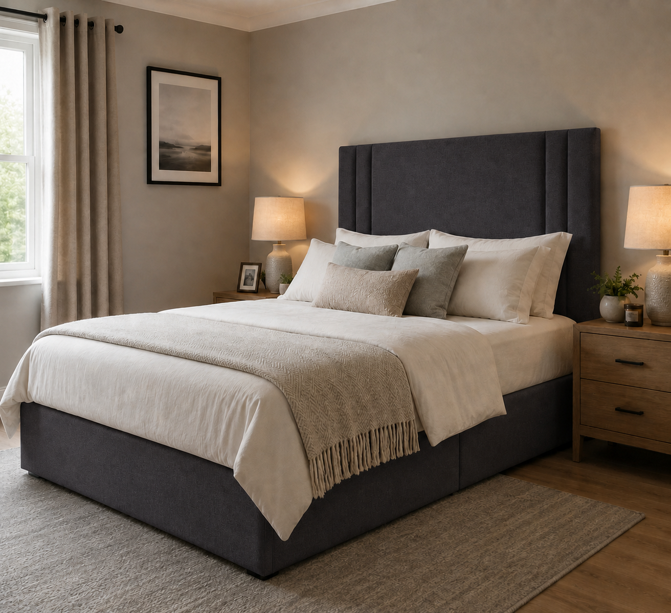 Norwich divan bed upholstered in Shadow wool fabric