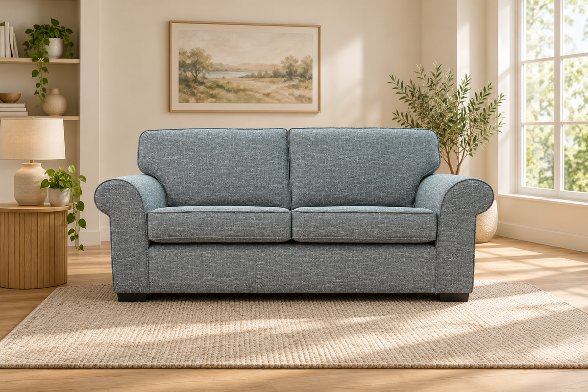 Oakley bespoke sofa in a styled living room. Fabric shown as an example.