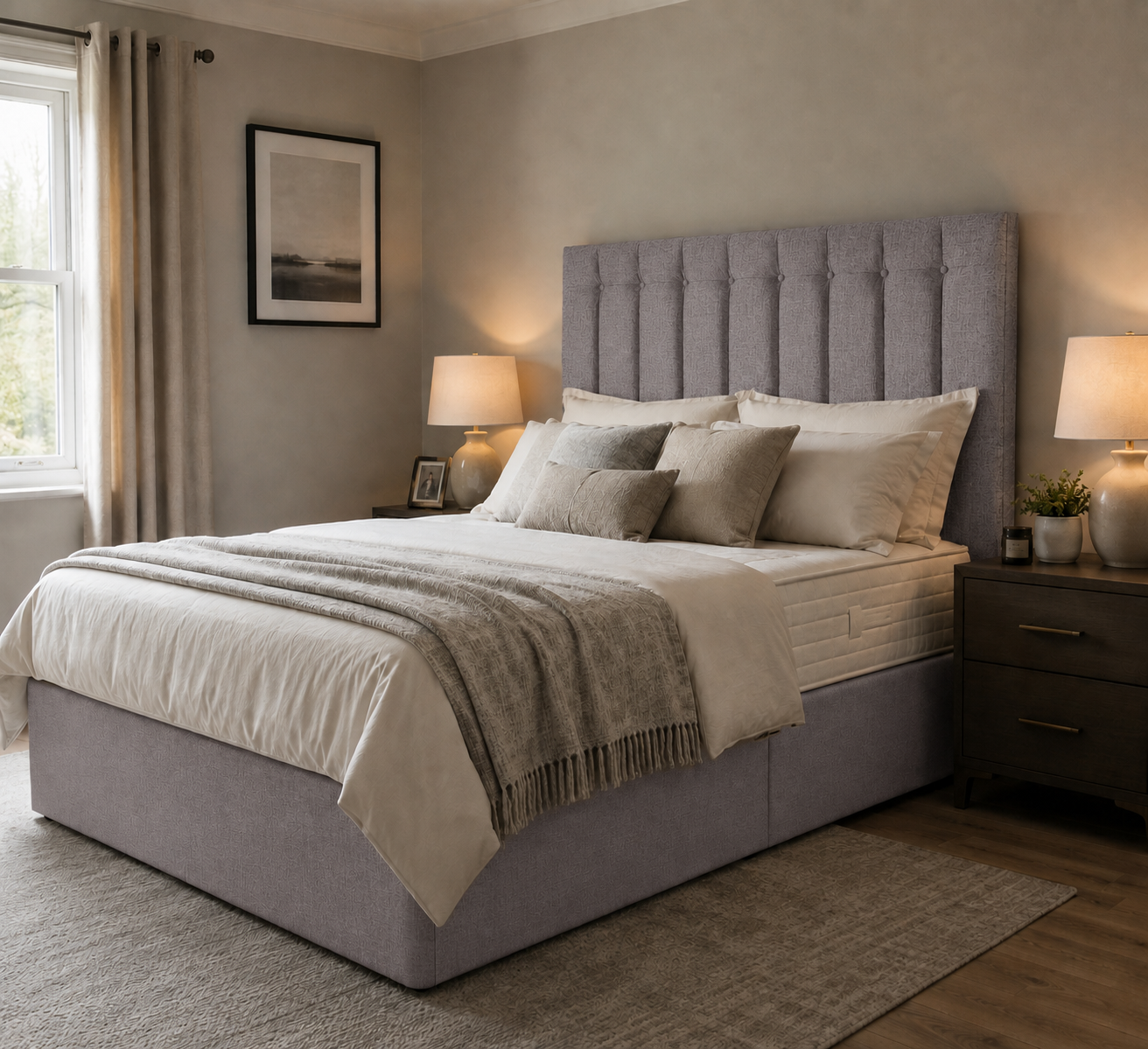 Salisbury divan bed upholstered in Clay wool fabric