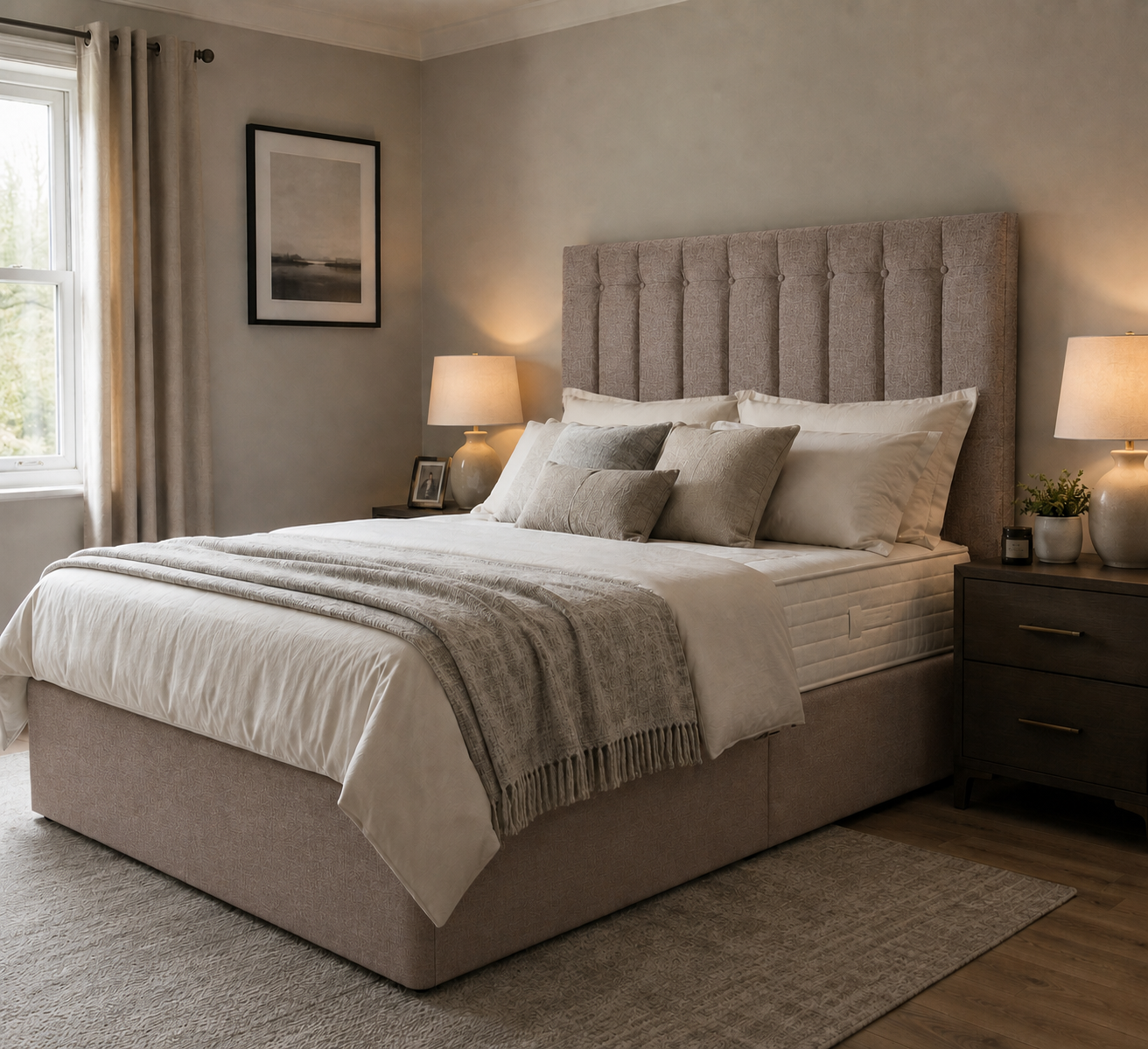 Salisbury divan bed upholstered in Latte wool fabric