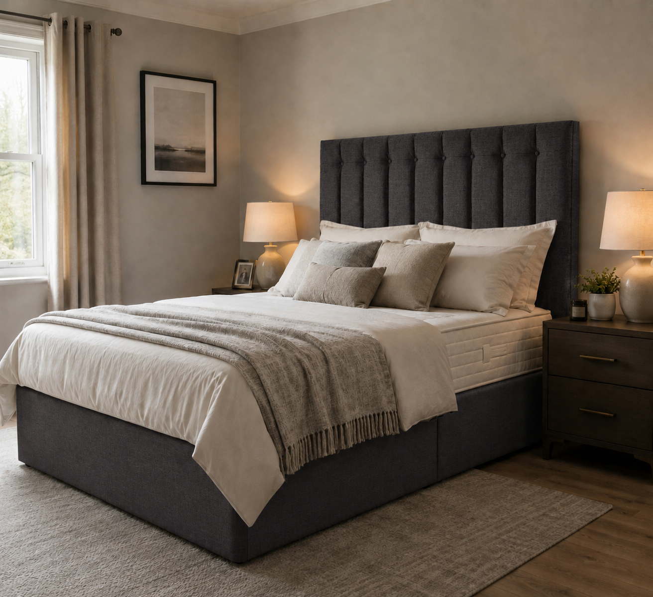 Salisbury divan bed upholstered in Shadow wool fabric