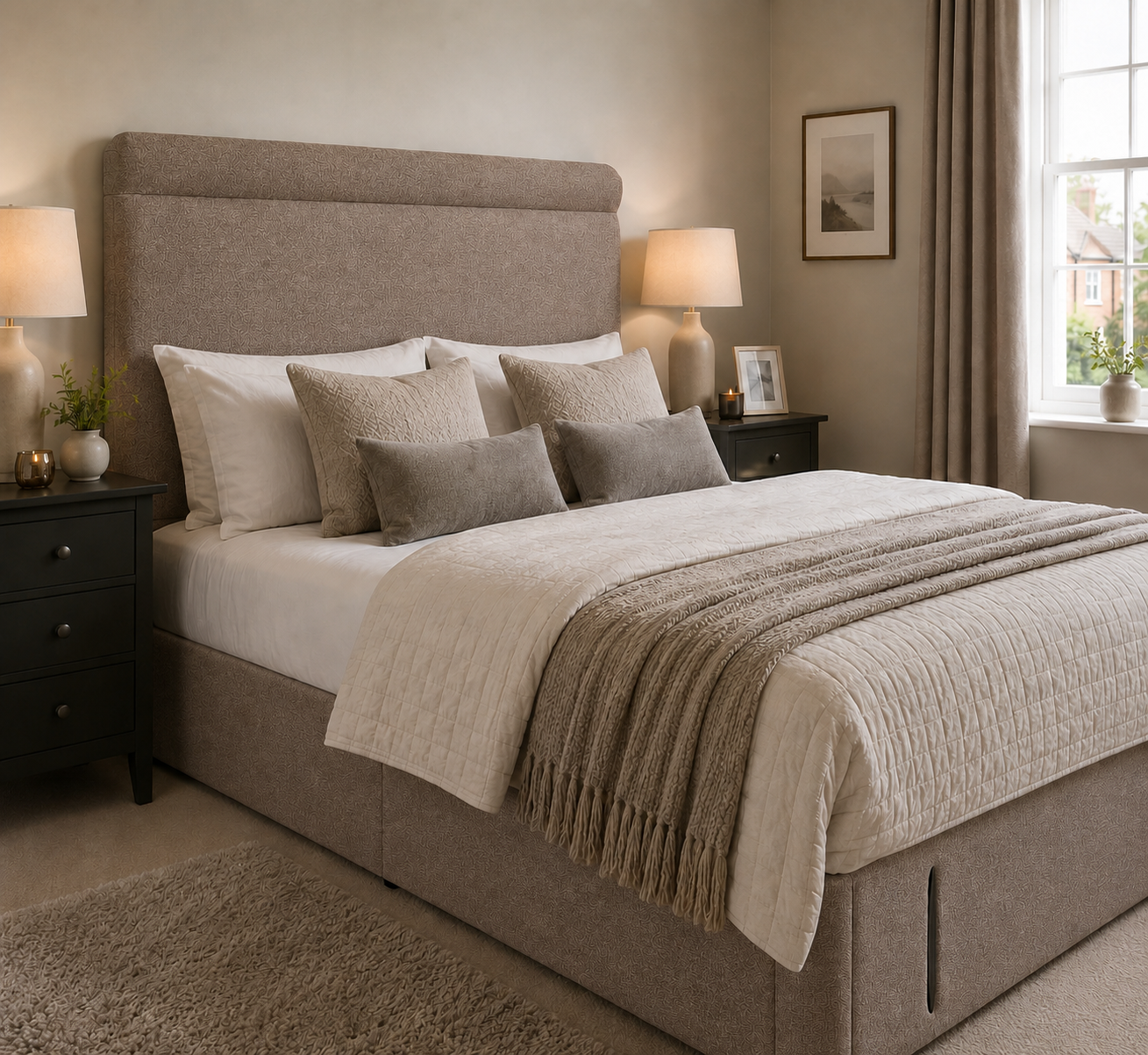 Truro divan bed upholstered in Latte wool fabric
