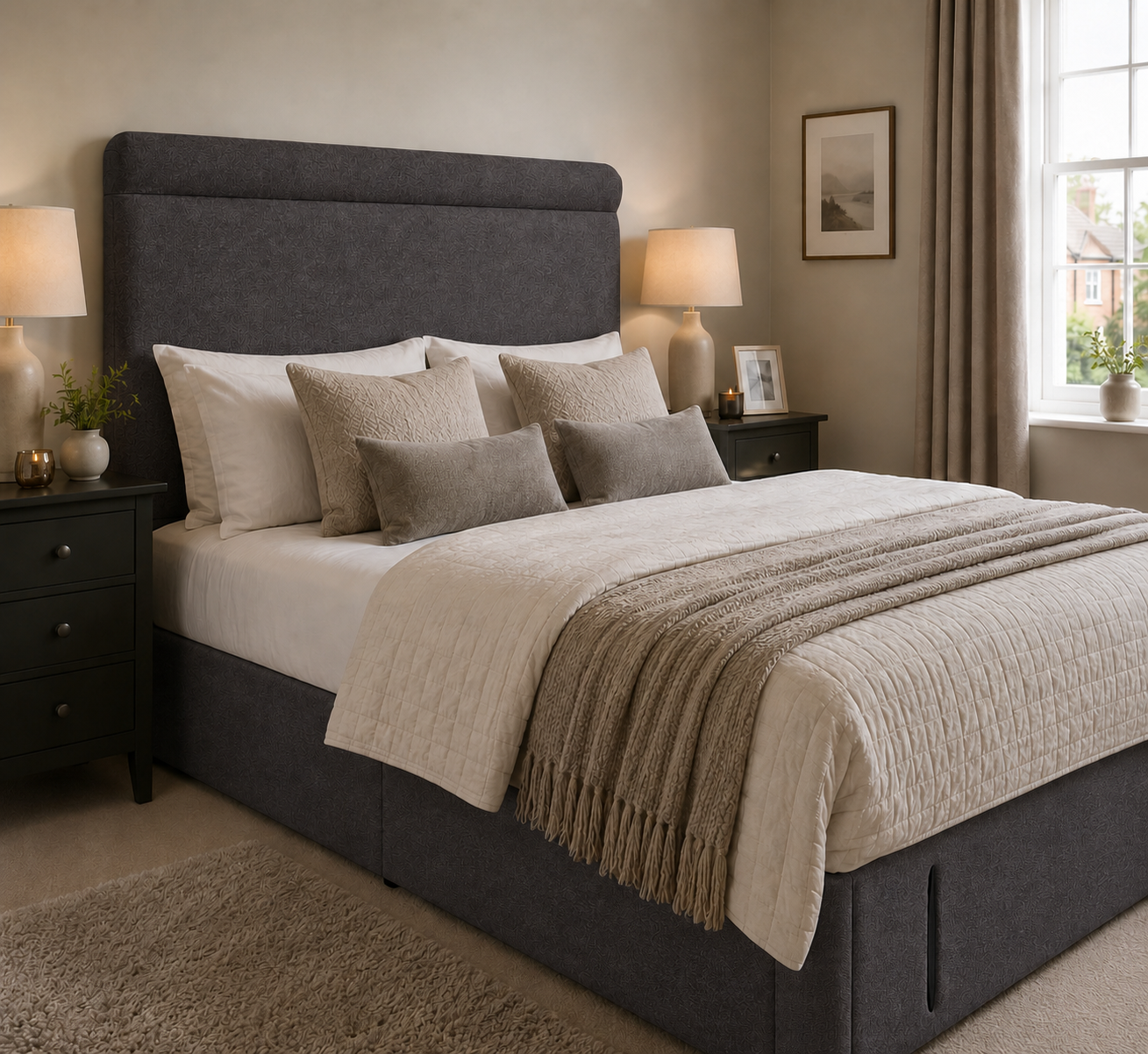 Truro upholstered headboard in Shadow wool fabric