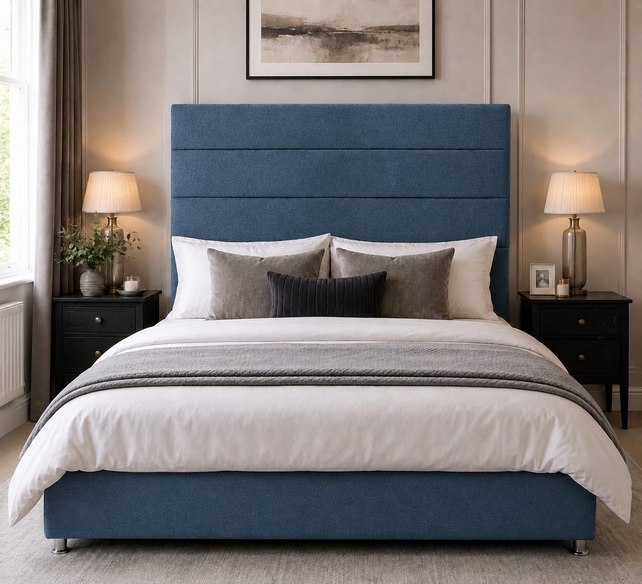 Wells upholstered headboard in Marine wool fabric
