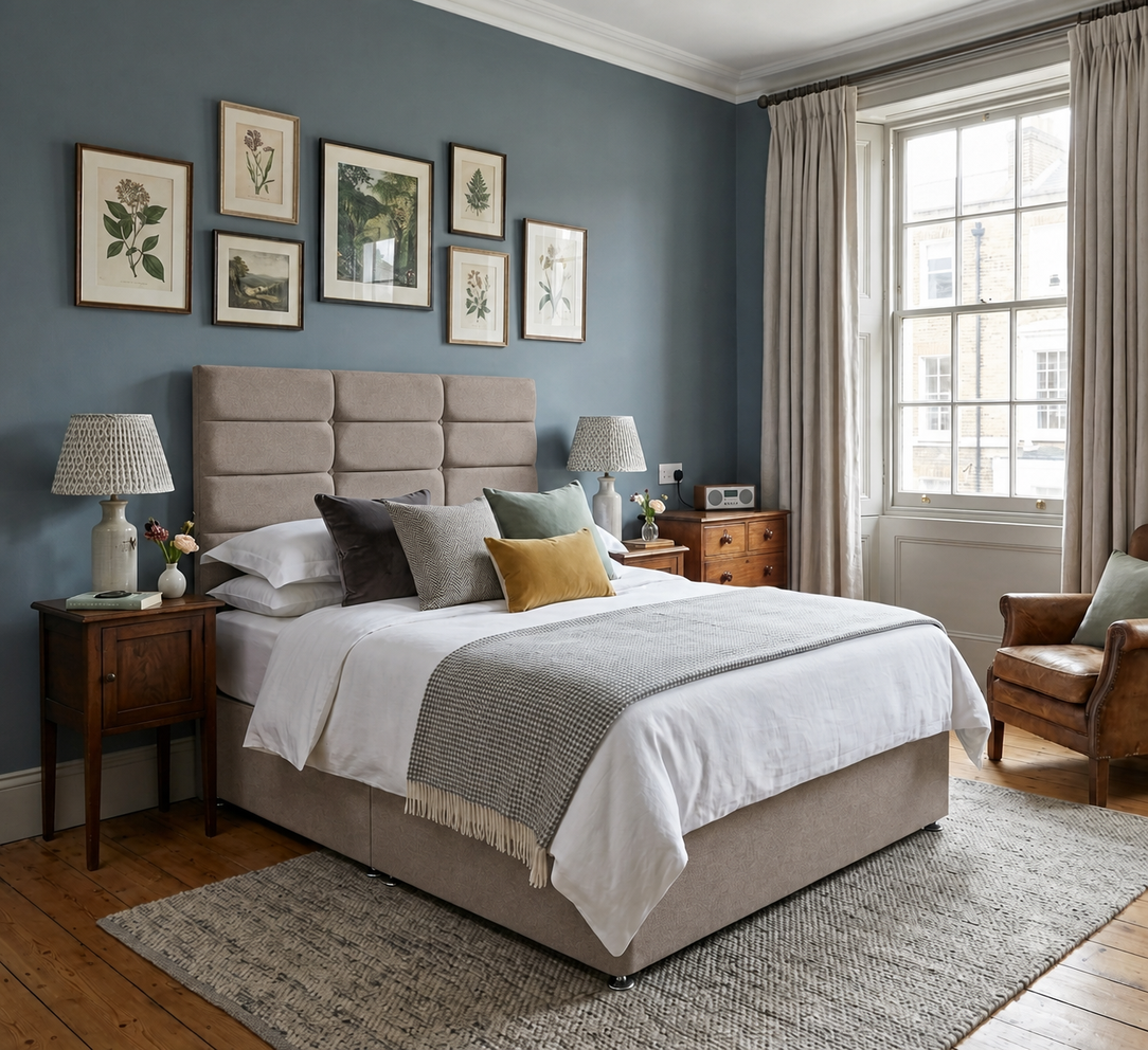 Winchester divan bed upholstered in Latte wool fabric