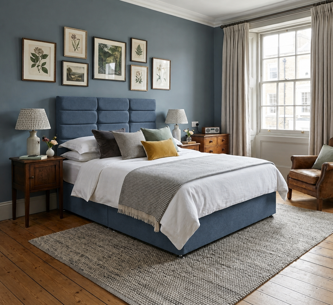 Winchester divan bed upholstered in Marine wool fabric
