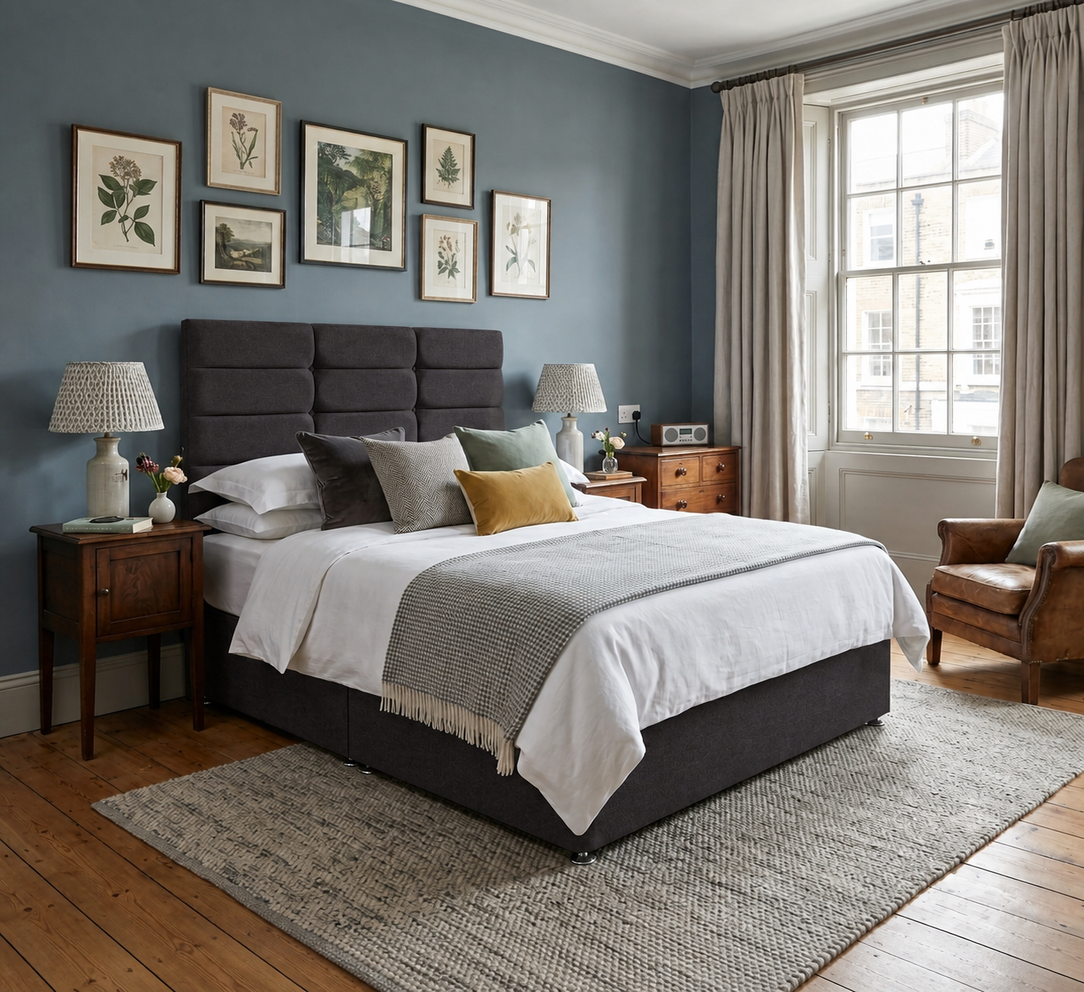 Winchester divan bed upholstered in Shadow wool fabric