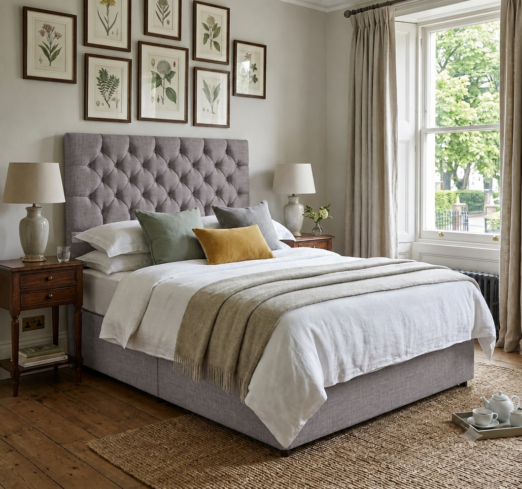 York divan bed upholstered in Clay wool fabric