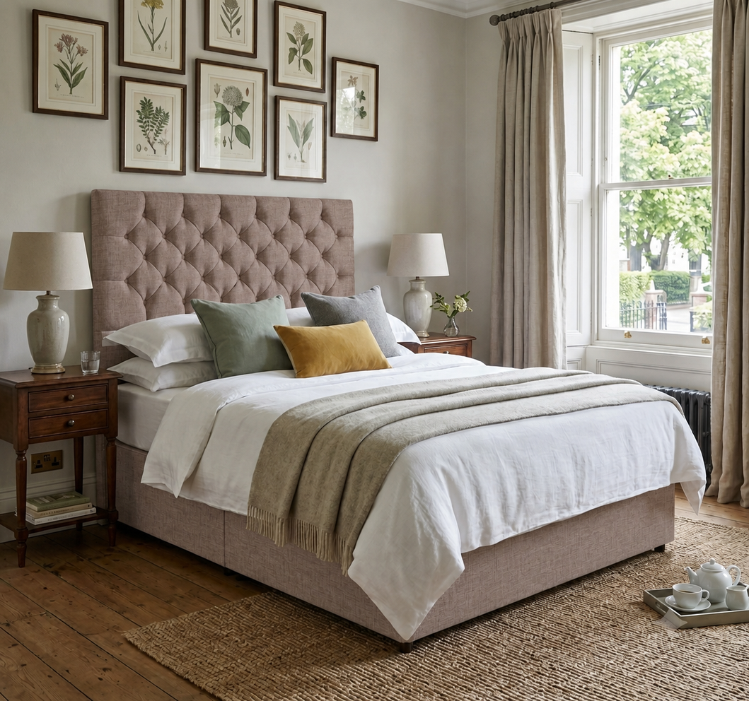 York divan bed upholstered in Latte wool fabric