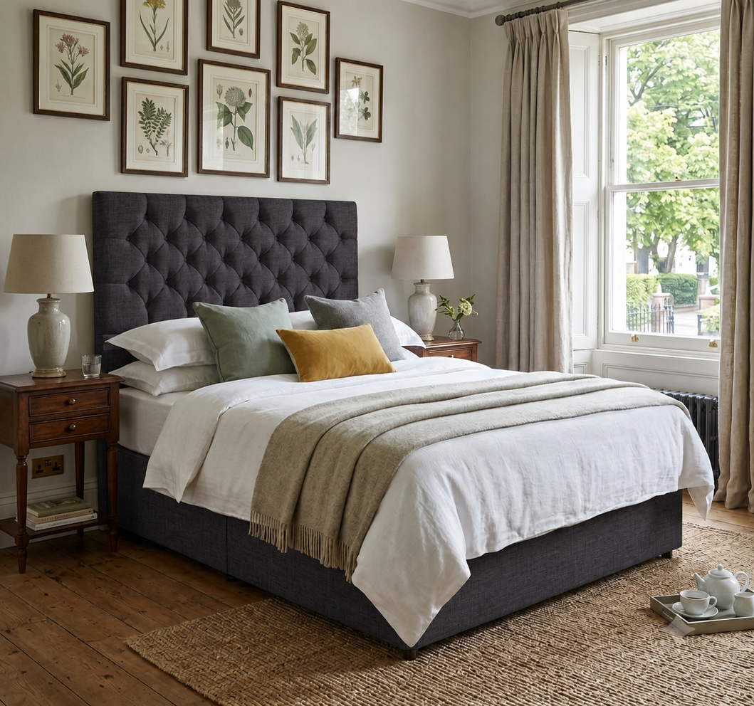 York upholstered headboard in Shadow wool fabric