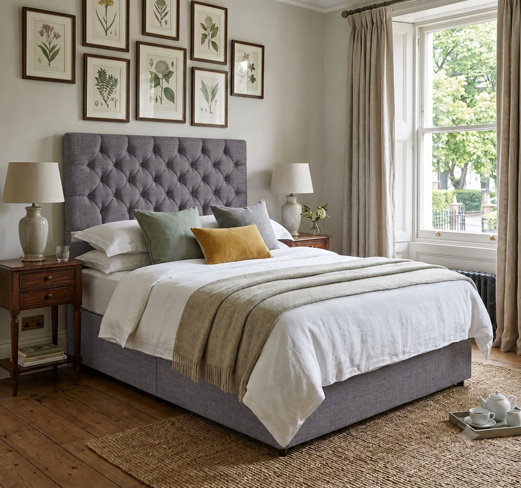 York divan bed upholstered in Steel wool fabric
